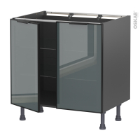 Meuble de cuisine gris - Bas vitré - Façade noire alu - 2 portes - L80 x H70 x P58 cm - SOKLEO