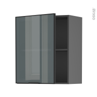 Meuble de cuisine gris - Haut ouvrant vitré - Façade noire alu - 1 porte - L60 x H70 x P37 cm - SOKLEO