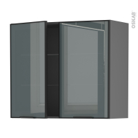 Meuble de cuisine gris - Haut ouvrant vitré - Façade noire alu - 2 portes - L80 x H70 x P37 cm - SOKLEO