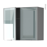 Meuble de cuisine gris - Haut ouvrant vitré  - Façade alu - 2 portes - L80 x H70 x P37 cm - SOKLEO