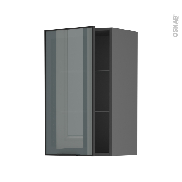 Meuble de cuisine gris Haut ouvrant vitré <br />Façade noire alu, 1 porte, L40 x H70 x P37 cm, SOKLEO 
