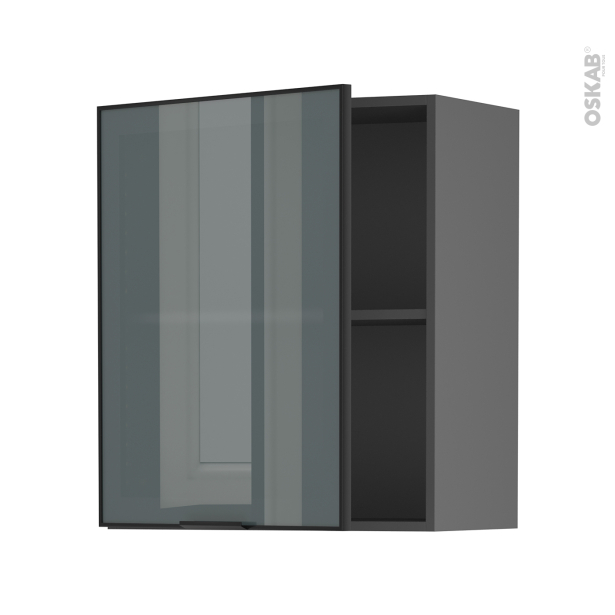 Meuble de cuisine gris Haut ouvrant vitré <br />Façade noire alu, 1 porte, L60 x H70 x P37 cm, SOKLEO 