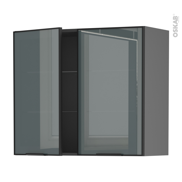 Meuble de cuisine gris Haut ouvrant vitré <br />Façade noire alu, 2 portes, L80 x H70 x P37 cm, SOKLEO 