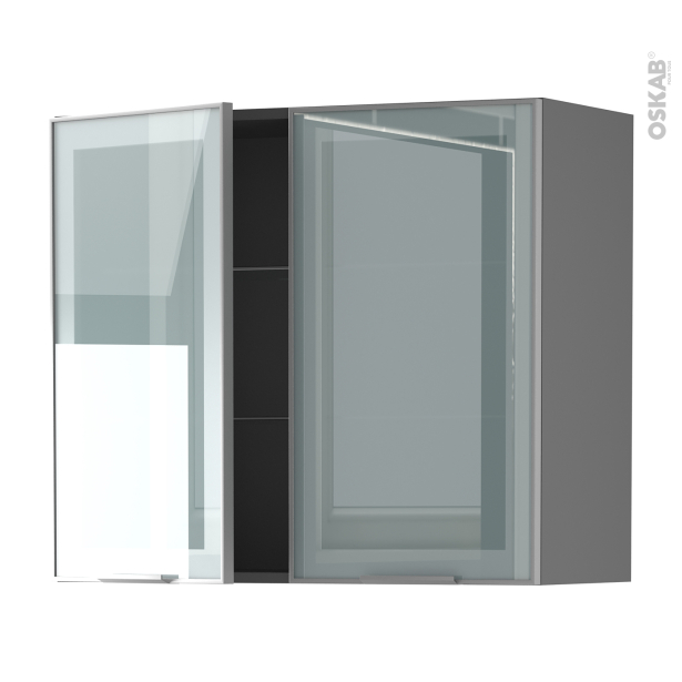 Meuble de cuisine gris Haut ouvrant vitré  <br />Façade alu, 2 portes, L80 x H70 x P37 cm, SOKLEO 