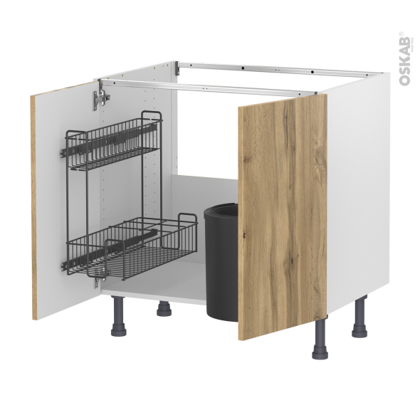 Meuble de cuisine - Sous évier - OKA Chêne - 2 portes lessiviel poubelle ronde - L80 x H70 x P58 cm