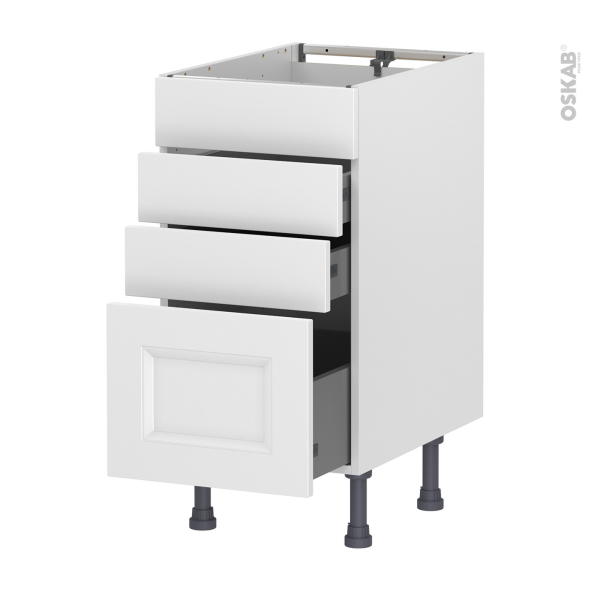 Meuble de cuisine - Casserolier - Faux tiroir haut - STATIC Blanc - 3 tiroirs - L40 x H70 x P58 cm