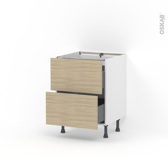 Meuble de cuisine - Casserolier - STILO Noyer Blanchi - 2 tiroirs - L60 x H70 x P58 cm