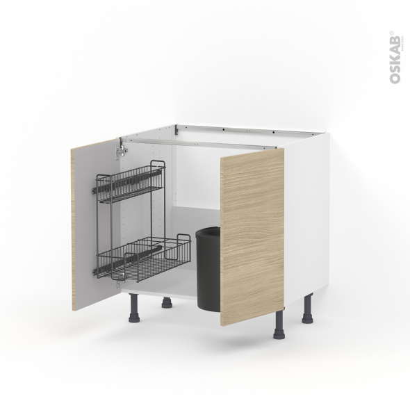 Meuble de cuisine - Sous évier - STILO Noyer Blanchi - 2 portes lessiviel poubelle ronde - L80 x H70 x P58 cm