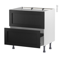 Meuble de cuisine - Sous évier - Faux tiroir haut - AVARA Frêne Noir - 1 tiroir - L80 x H70 x P58 cm