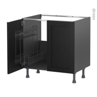 Meuble de cuisine gris - Sous évier - AVARA Frêne Noir - 2 portes lessiviel - L80 x H70 x P58 cm