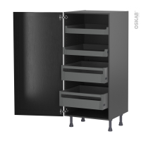 Colonne de cuisine N°27 gris - Armoire de rangement - AVARA Frêne Noir - 4 tiroirs à l'anglaise - L60 x H125 x P58 cm