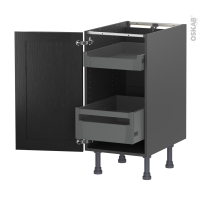 Meuble de cuisine gris - Bas - AVARA Frêne Noir - 2 tiroirs à l'anglaise - L40 x H70 x P58 cm