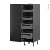 Colonne de cuisine N°26 gris - Armoire de rangement - AVARA Frêne Noir - 4 tiroirs à l'anglaise - L40 x H125 x P58 cm