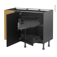 Meuble de cuisine gris - Angle bas - AVARA Frêne Noir - Demi lune coulissant EPOXY - Tirant gauche 1 porte L60 cm mobile - L100 x H70 x P58 cm