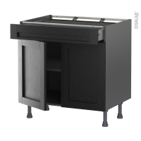 Meuble de cuisine gris - Bas - AVARA Frêne Noir - 2 portes 1 tiroir - L80 x H70 x P58 cm