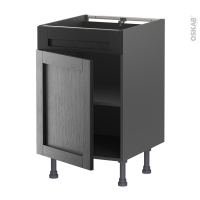 Meuble de cuisine gris - Bas - Faux tiroir haut - AVARA Frêne Noir - 1 porte  - L50 x H70 x P58 cm