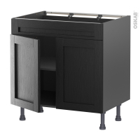 Meuble de cuisine gris - Bas - Faux tiroir haut - AVARA Frêne Noir - 2 portes - L80 x H70 x P58 cm