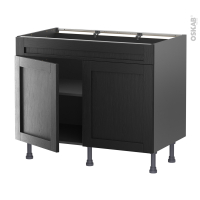 Meuble de cuisine gris - Bas - Faux tiroir haut - AVARA Frêne Noir - 2 portes - L100 x H70 x P58 cm