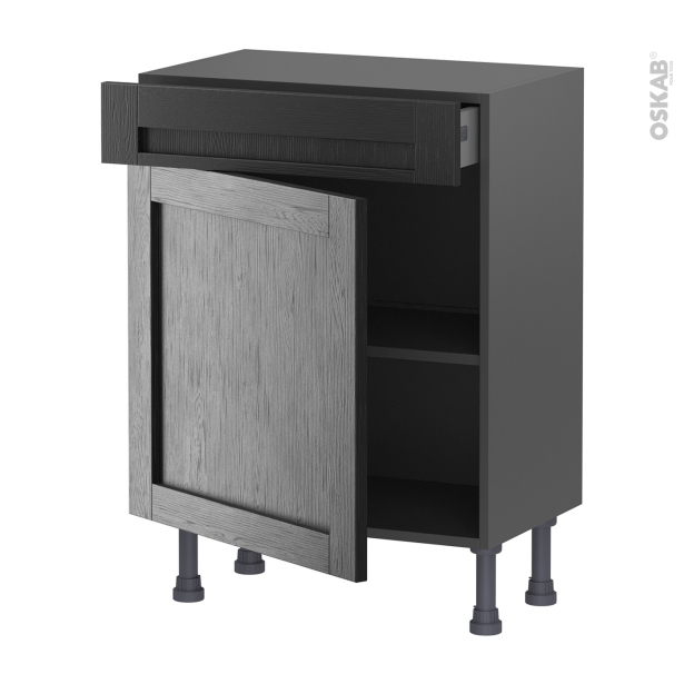 Meuble de cuisine gris Bas <br />AVARA Frêne Noir, 1 porte 1 tiroir, L60 x H70 x P37 cm 