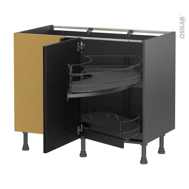 Meuble de cuisine gris Angle bas <br />AVARA Frêne Noir, Demi lune coulissant, Tirant gauche 1 porte L50 cm mobile, L100 x H70 x P58 cm 