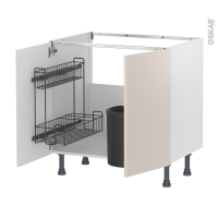 Meuble de cuisine - Sous évier - HELIA Beige - 2 portes lessiviel poubelle ronde - L80 x H70 x P58 cm
