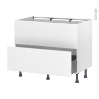 Meuble de cuisine - Sous évier - Faux tiroir haut - HELIA Blanc - 1 tiroir - L100 x H70 x P58 cm