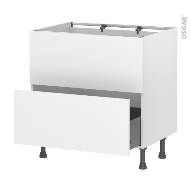 Meuble de cuisine Sous évier <br />Faux tiroir haut, HELIA Blanc, 1 tiroir, L80 x H70 x P58 cm 