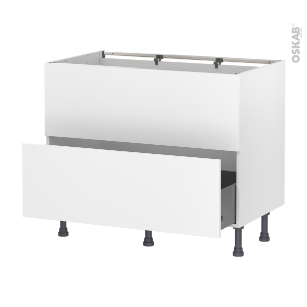 Meuble de cuisine Sous évier <br />Faux tiroir haut, HELIA Blanc, 1 tiroir, L100 x H70 x P58 cm 