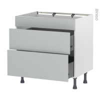 Meuble de cuisine - Casserolier - Faux tiroir haut - HELIA Gris clair - 2 tiroirs - L80 x H70 x P58 cm