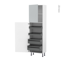 Colonne de cuisine N°2127 - Armoire de rangement - HELIA Gris clair - 4 tiroirs à l'anglaise - L60 x H195 x P37 cm