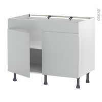 Meuble de cuisine - Bas - Faux tiroir haut - HELIA Gris clair - 2 portes - L100 x H70 x P58 cm