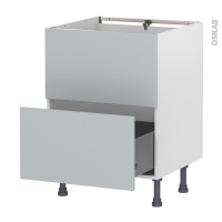 Meuble de cuisine - Sous évier - Faux tiroir haut - HELIA Gris clair - 1 tiroir - L60 x H70 x P58 cm