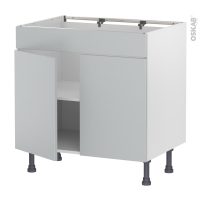 Meuble de cuisine - Bas - Faux tiroir haut - HELIA Gris clair - 2 portes - L80 x H70 x P58 cm