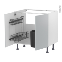 Meuble de cuisine - Sous évier - HELIA Gris clair - 2 portes lessiviel poubelle ronde - L80 x H70 x P58 cm