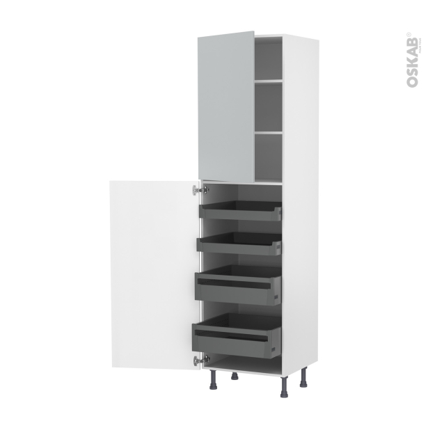 Colonne de cuisine N°2427 Armoire de rangement <br />HELIA Gris clair, 4 tiroirs à l'anglaise, L60 x H217 x P58 cm 