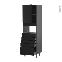 Colonne de cuisine N°2159 gris - MO encastrable niche 36/38 - HELIA Noir - 1 porte 5 tiroirs - L60 x H195 x P58 cm