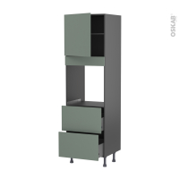 Colonne de cuisine N°1657 gris - Four encastrable niche 60 - HELIA Vert - 1 porte 2 casseroliers - L60 x H195 x P58 cm