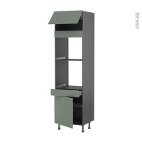 Colonne de cuisine N°1056 gris - Four+MO encastrable niche 45 - HELIA Vert - 1 abattant 1 porte 1 tiroir - L60 x H217 x P58 cm