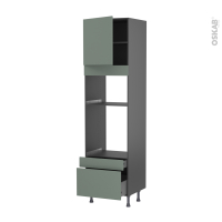 Colonne de cuisine N°1610 gris - Four+MO encastrable niche 45 - HELIA Vert - 1 porte 2 tiroirs - L60 x H217 x P58 cm