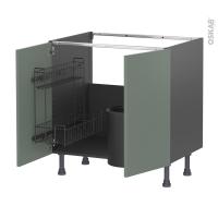 Meuble de cuisine gris - Sous évier - HELIA Vert - 2 portes lessiviel poubelle ronde - L80 x H70 x P58 cm