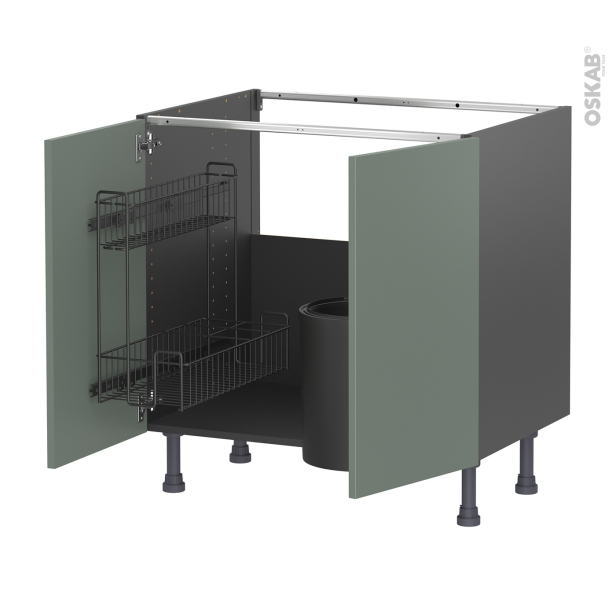 Meuble de cuisine gris Sous évier <br />HELIA Vert, 2 portes lessiviel poubelle ronde, L80 x H70 x P58 cm 