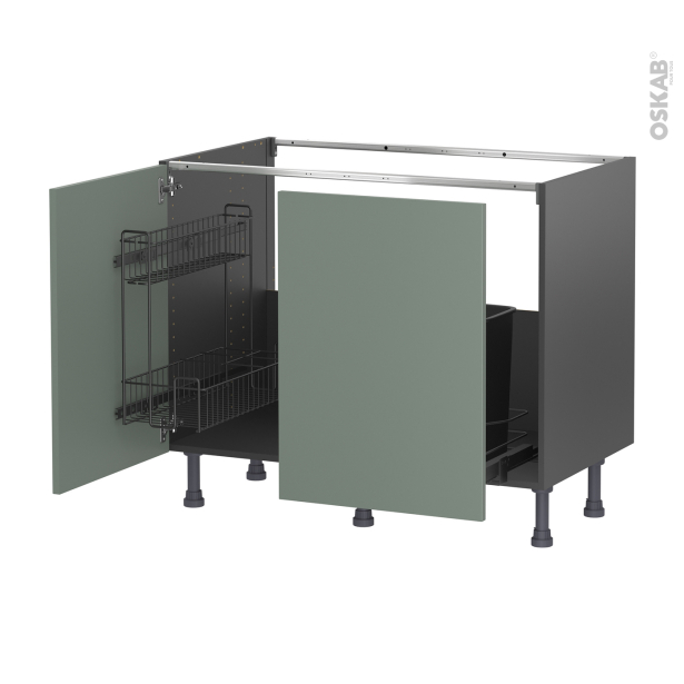 Meuble de cuisine gris Sous évier <br />HELIA Vert, 2 portes lessiviel-poubelle coulissante , L100 x H70 x P58 cm 
