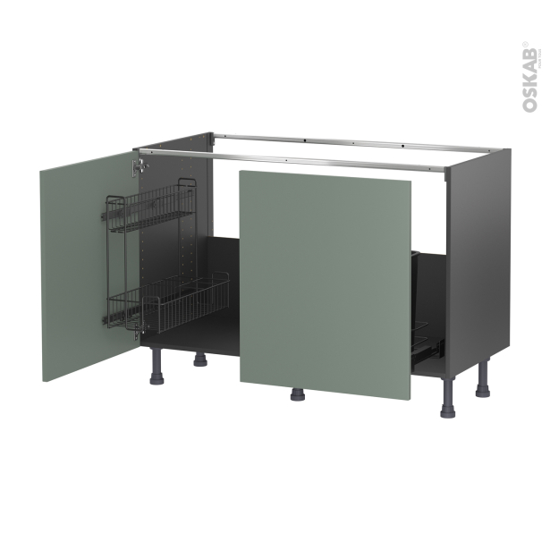 Meuble de cuisine gris Sous évier <br />HELIA Vert, 2 portes lessiviel-poubelle coulissante , L120 x H70 x P58 cm 