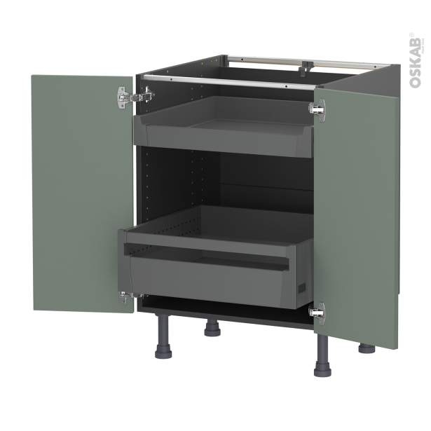 Meuble de cuisine gris Bas <br />HELIA Vert, 2 portes 2 tiroirs à l'anglaise, L60 x H70 x P58 cm 