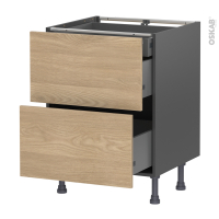 Meuble de cuisine gris - Casserolier - HOSTA Chêne prestige - 2 tiroirs 1 tiroir à l'anglaise - L60 x H70 x P58 cm