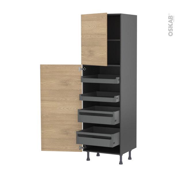 Colonne de cuisine N°2127 gris Armoire de rangement <br />HOSTA Chêne prestige, 4 tiroirs à l'anglaise, L60 x H195 x P58 cm 