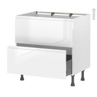 Meuble de cuisine - Sous évier - Faux tiroir haut - IPOMA Blanc brillant - 1 tiroir - L80 x H70 x P58 cm