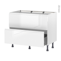 Meuble de cuisine - Sous évier - Faux tiroir haut - IPOMA Blanc brillant - 1 tiroir - L100 x H70 x P58 cm