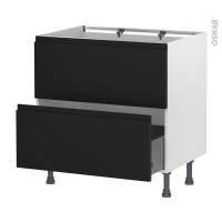 Meuble de cuisine - Sous évier - Faux tiroir haut - IPOMA Noir mat - 1 tiroir - L80 x H70 x P58 cm
