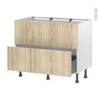 Meuble de cuisine - Casserolier - Faux tiroir haut - IKORO Chêne clair - 1 tiroir - L100 x H70 x P58 cm